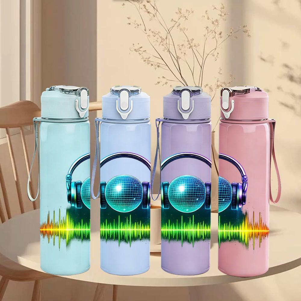 1PC Headphone Music Wave Sound Print 750ml Color Plastic Sports Water Bottle Leakproof Flip Straw Lid Suitable for Sports Office Home Use