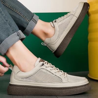 Sneakers Homme Tout-Terrain en Cuir Véritable Respirantes Chaussures Plates Homme Évidées Chaussures de Skate Homme Chaussure d'Extérieur Confortable pour Homme