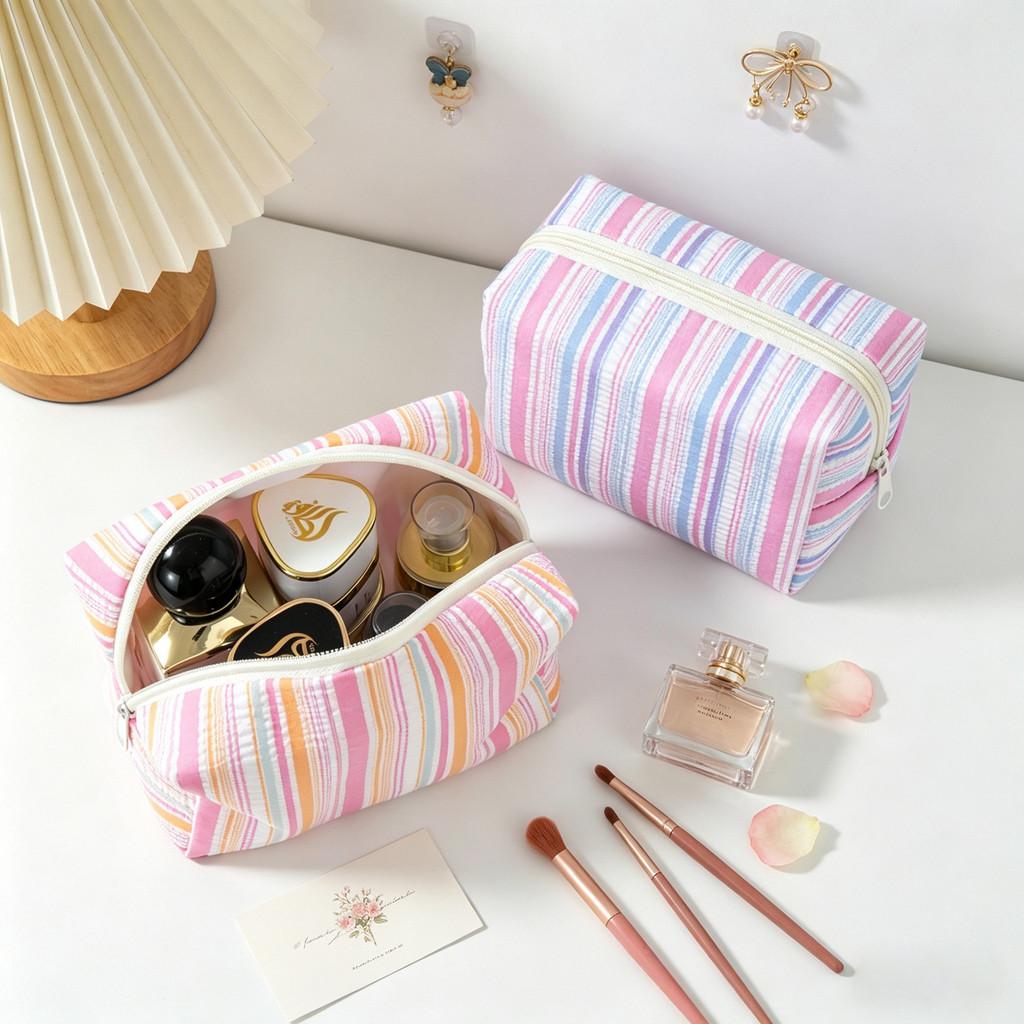 Polyester Striped Makeup Bag For Women With Storage Compartment Travel Organizer