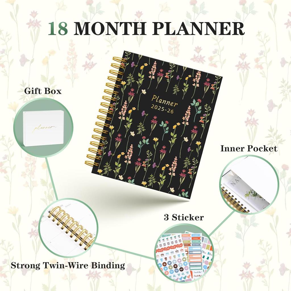 18 Month Weekly & Monthly Planner 2025 Spiral Bound Hard Cover Planner with Stickers & Gift Box, Jan 2025- Jul 2026 Large Daily Notebook