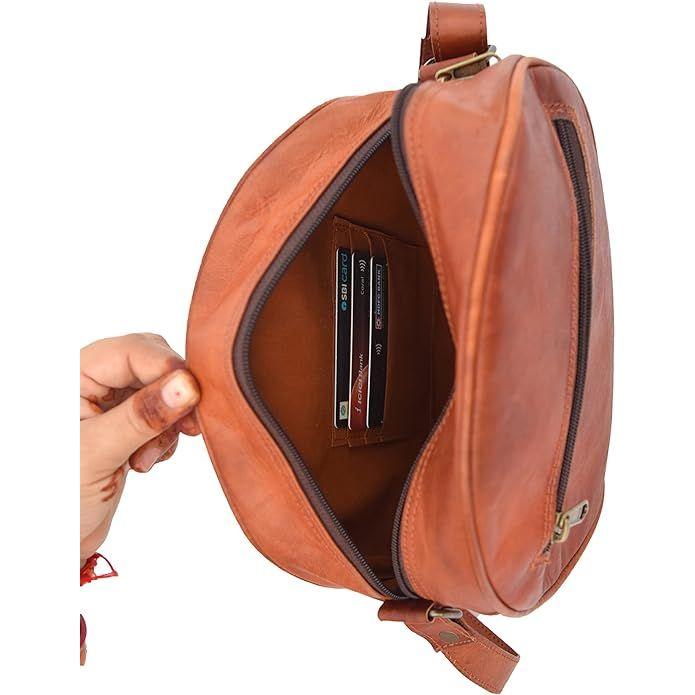 Handgefertigte Vintage-Leder-Umhängetasche für Damen/Teenager-Mädchen, Umhängetasche, runde Umhängetasche, 25,4 cm klein, braun