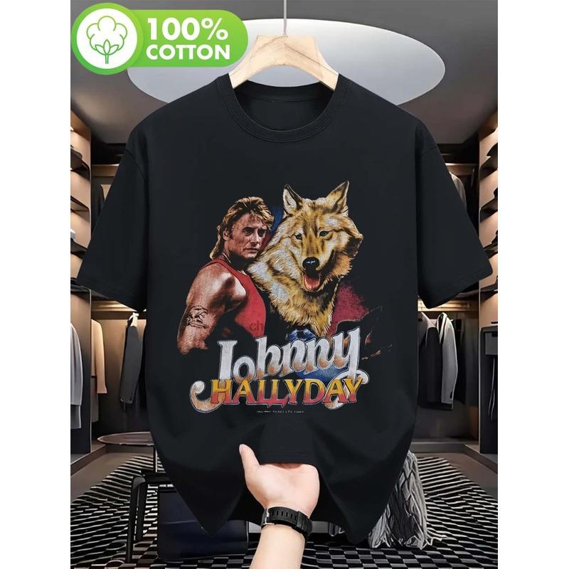 Men'S Vintage 1990s Johny Hallyday Graphic T-Shirt | Retro Rock Tee with Tiger & Geometric Design, Regular Fit, Short Sleeve, Crew Neck, All-Season