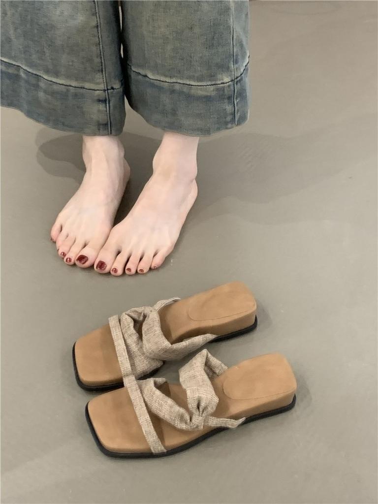 Platform Open-toed Sandals Women's 2025 Summer Korean Version Retro Linen Bohemian Vacation Beach Slippers