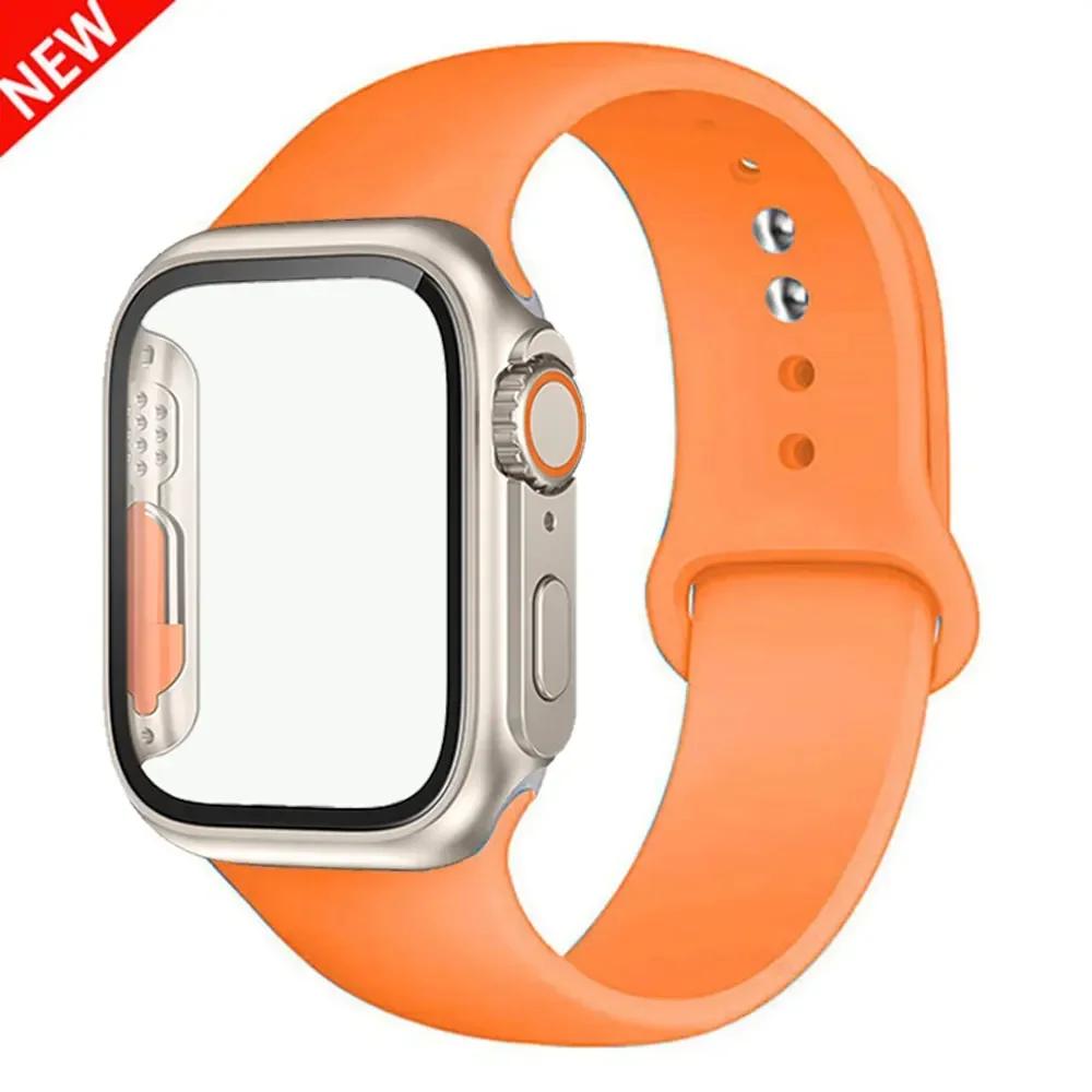 Silicone Strap+Case For Apple Watch Band 44mm 45mm 41mm 40mm Tempered Glass Cover Change to Ultra iWatch Series 9 8 7 SE 6 5 3