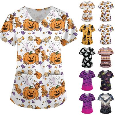Women Halloween Print Loose Fit V Neck Short Sleeve Medical Scrub Top with Pockets Nurse Uniform Workwear for Healthcare Professionals