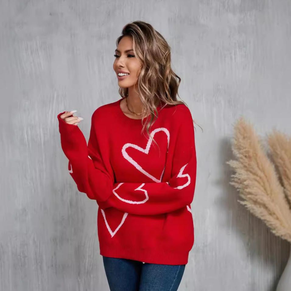 Podzimní a zimní dámský svetr Love Valentýnský svetr s dlouhým rukávem Velké broskvové srdce Clashing svetr