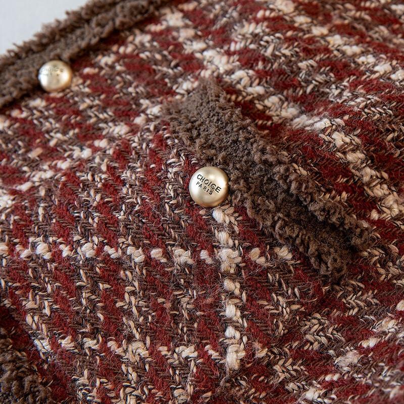 Women's Elegant Round Neck Long Sleeve Tweed Plaid Jacket