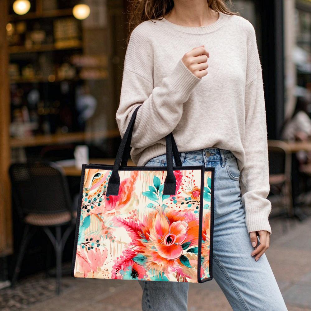 Floral Print Tote Bag Large Capacity Casual Shoulder Bag for Daily Shopping Travel Lightweight Handbag
