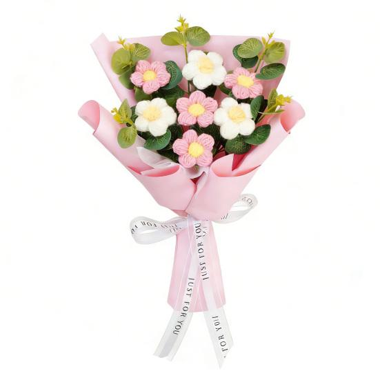 Artificial Flowers Handmade Crochet Flower Bouquet Soft Cotton Yarn No Maintenance Flexible Stems Fake Flower Valentine Day Weddings Decoration