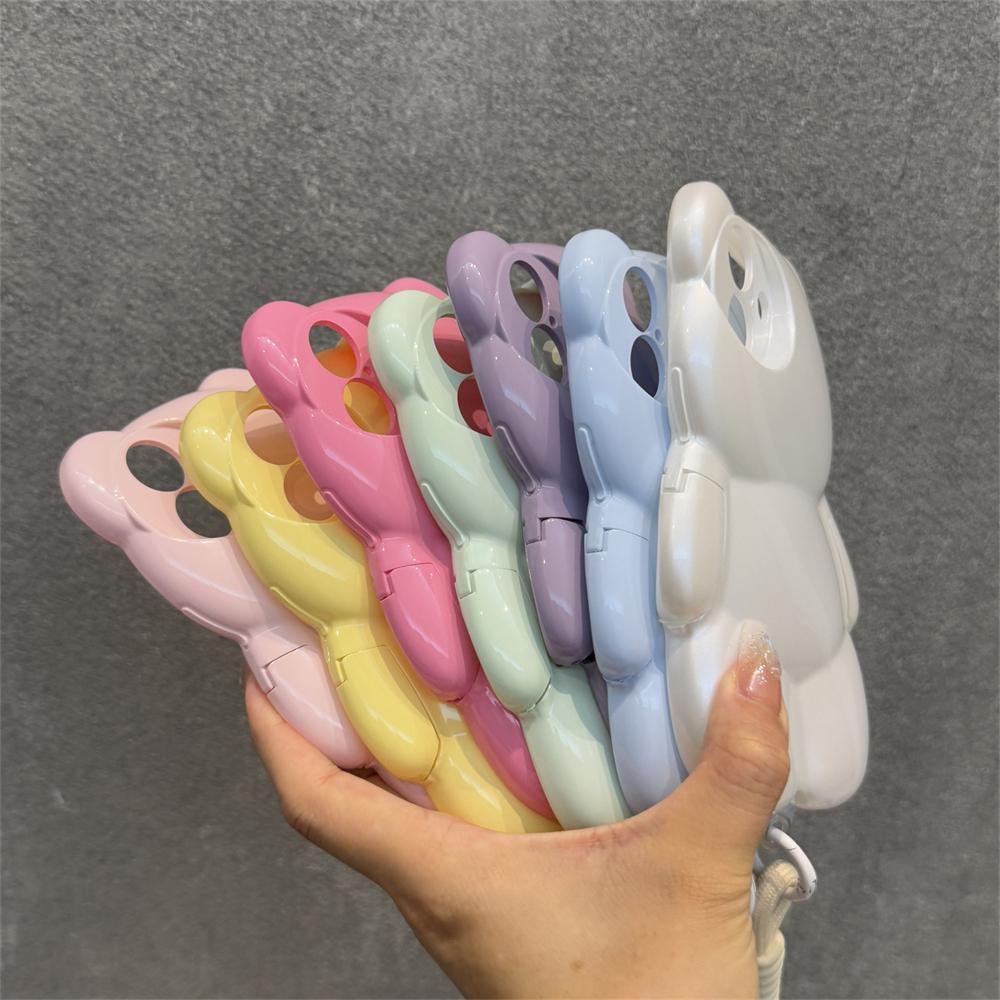 3D Cartoon Bear Wrist Chain Lanyard Phone Case for iPhone 16 15 14 13 12 11 Pro Max Plus Lovely Sweet Silicone Shockproof Cover