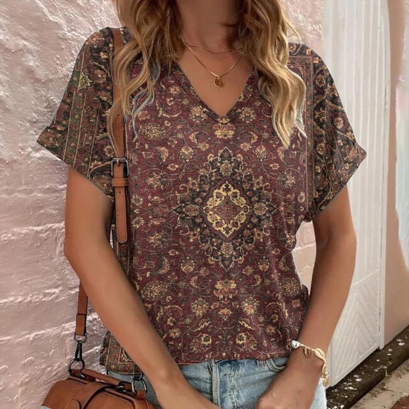 Casual Bohemian Print Women's Short Sleeve V-Neck Top T-Shirt
