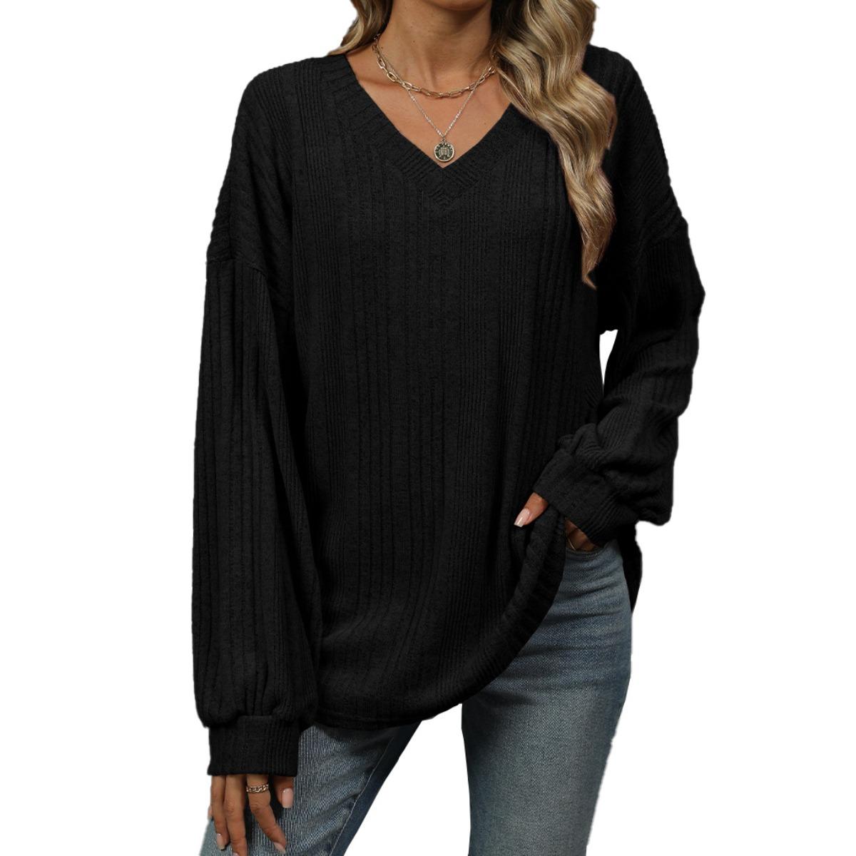 

Fall Winter Women s Solid Color V Neck Loose Long Sleeve T-shirt Top Casual Daily Wear For Women S чёрный