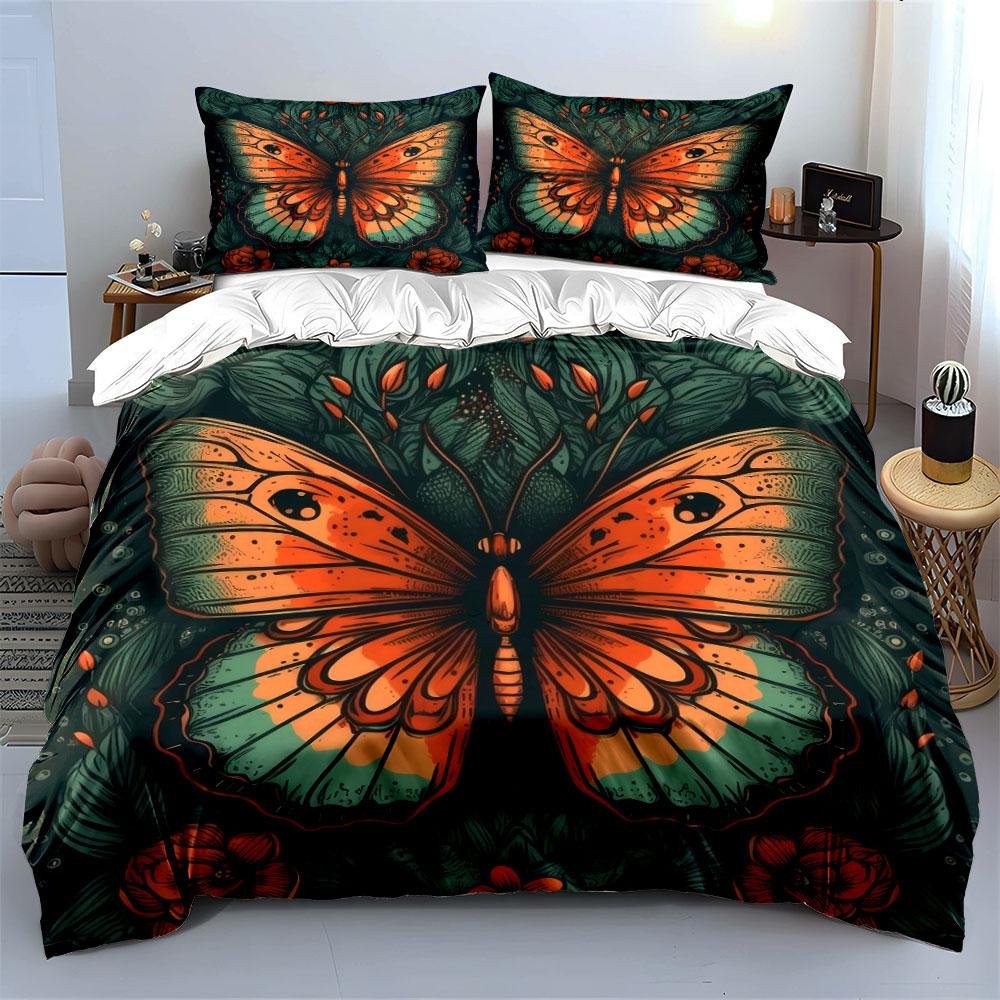 3Pcs Vintage Engraving Butterfly Floral Duvet Cover Set Dark Green Leaf Boho Bedding Single Double King Queen Gift