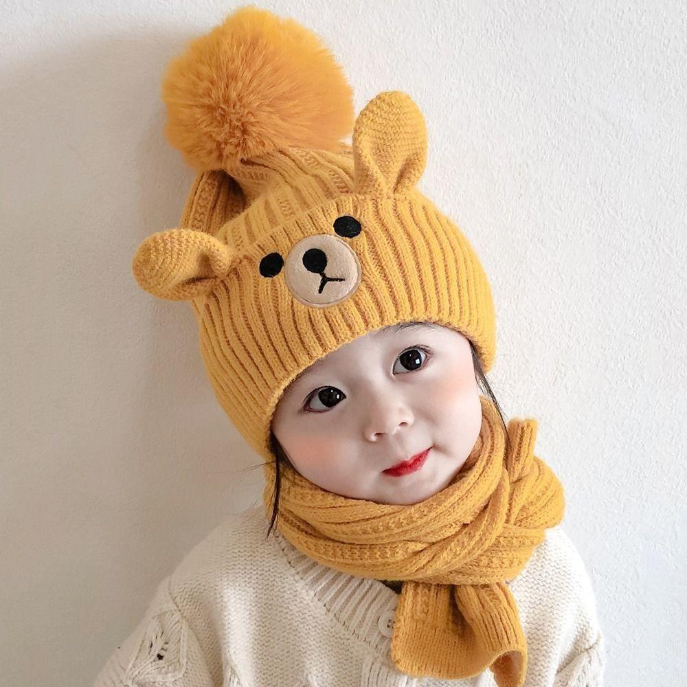 Knitting Wool Beanie Plush Warm Knitted Cap Comfortable Bear Children Scarf Hat Set Baby