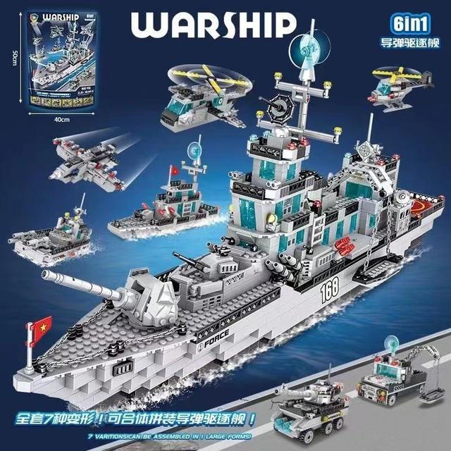 Navio Carro de Guerra Azul Marinho Exército Barco Avião Modelo Navios de Guerra Blocos de Montar Conjunto de Construção para Meninos Brinquedos de Tijolos Presentes de Natal