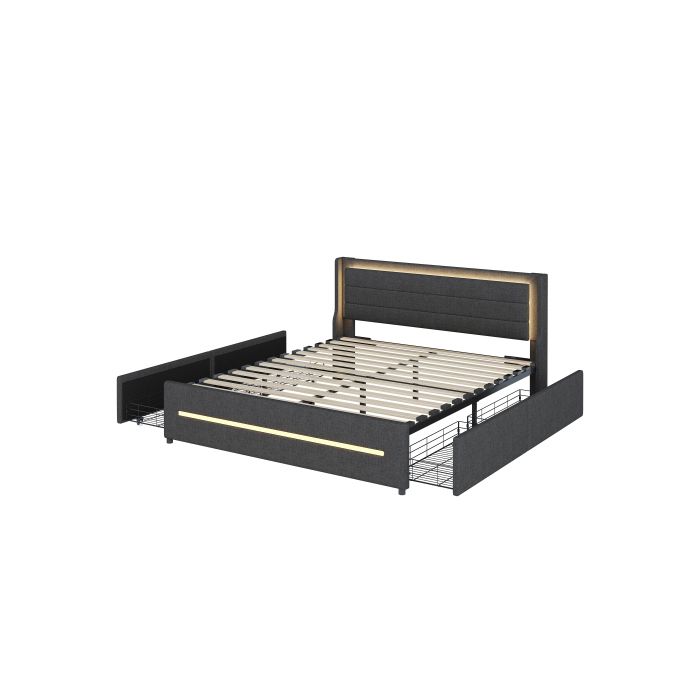 Lit Rembourré - MUVOE - 160x200 Cm - Éclairage LED - 4 Tiroirs De Rangement - Gris