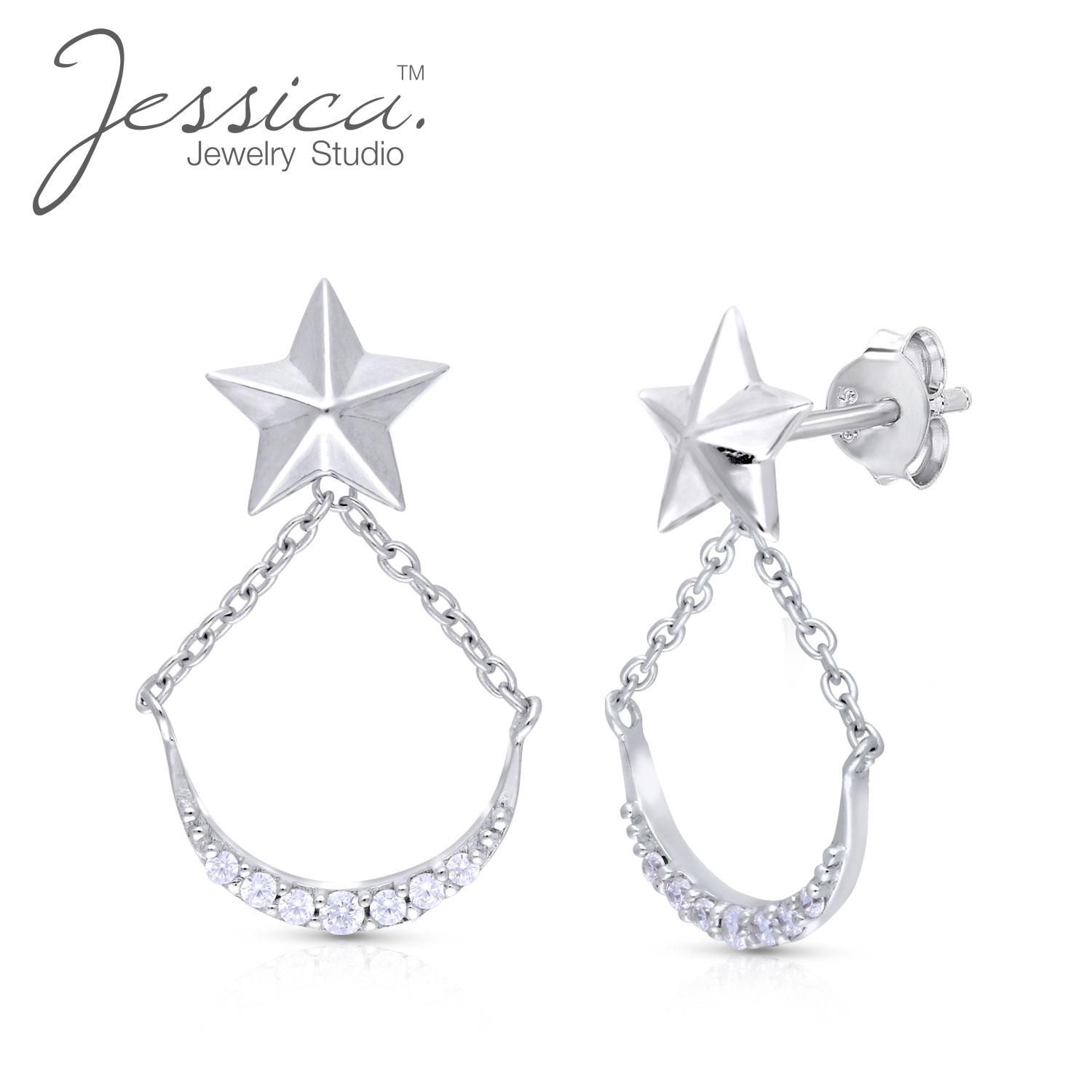 

Женские серьги-гвоздики из стерлингового серебра 925 пробы с гранеными звездами, цепочкой и хрустальными акцентами