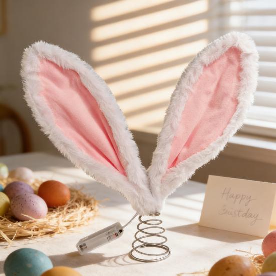 Easter Rabbit Ear Tree Topper with LED Light Plush Bunny Ears Christmas Tree Top Decoration with Metal Spring Easter Home Holiday Party Ornament