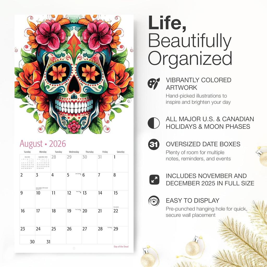 RED EMBER Day of the Dead 2026 Wall Calendar 12 Month | 12" x 24" Open | Thick & Sturdy Paper | Holiday Gift | Día de los Muertos Sugar Skull Art