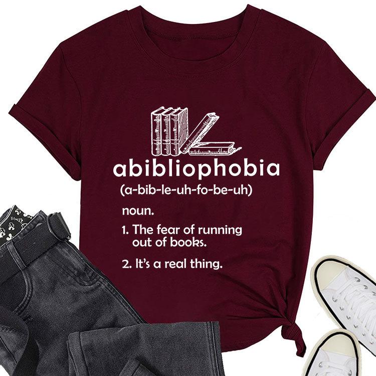 Summer new round neck casual Tshirt abibliophobia book print loose short sleeve top Womens allmatch fashion pullover