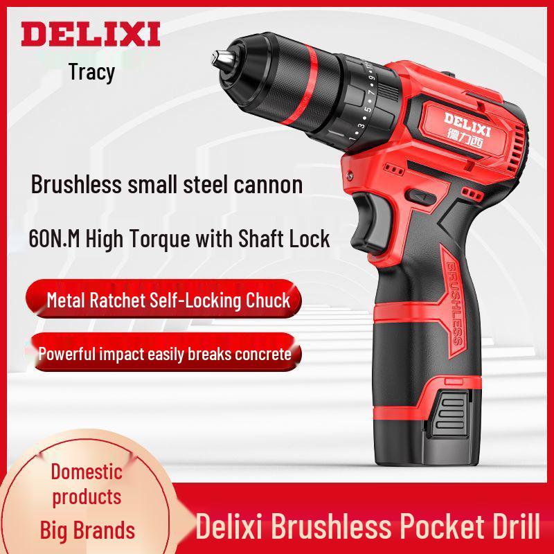 Delixi Cordless Brushless Handheld Drill, Rechargeable Multi-function Hammer Drill with Lithium Battery & Electric Screwdriver