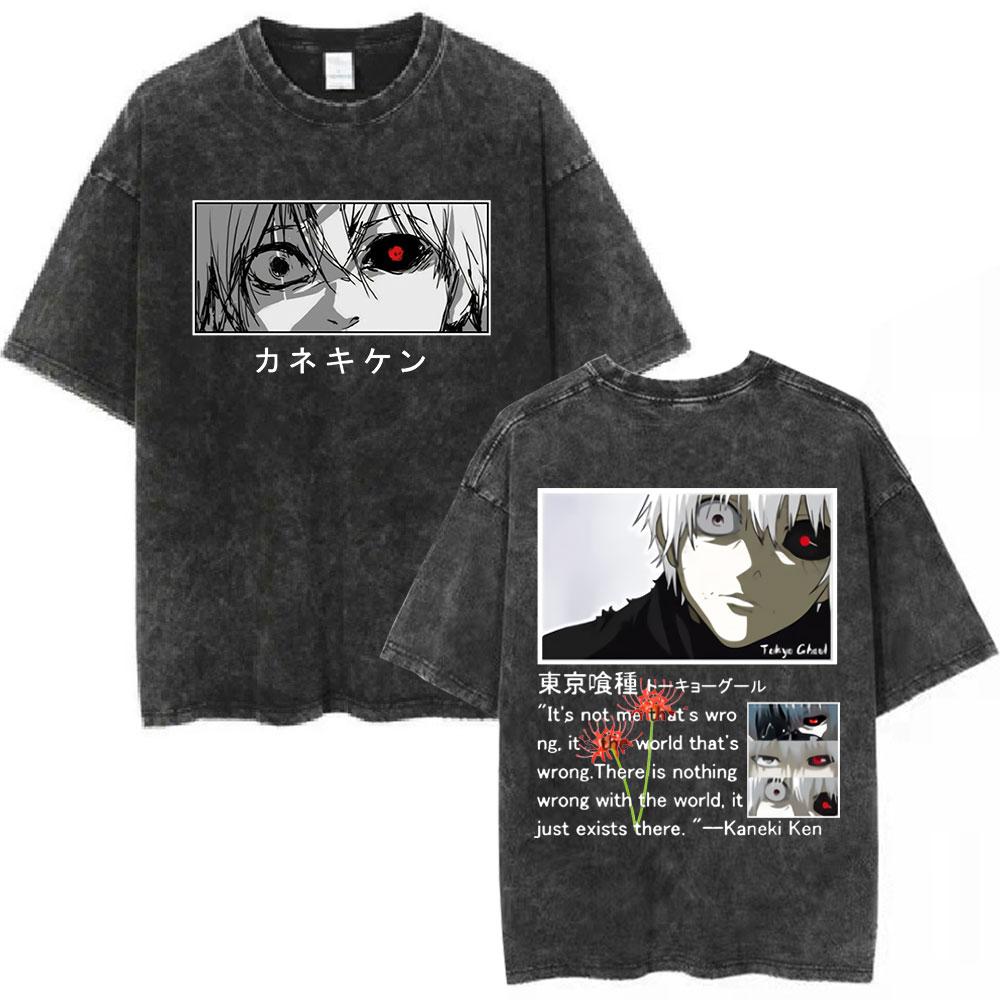 Vintage Washed Anime Tokyo Ghoul Spider Lily T Shirt Manga Cool Ken Kaneki Eyes Tshirts Gothic Short Sleeve T Shirts