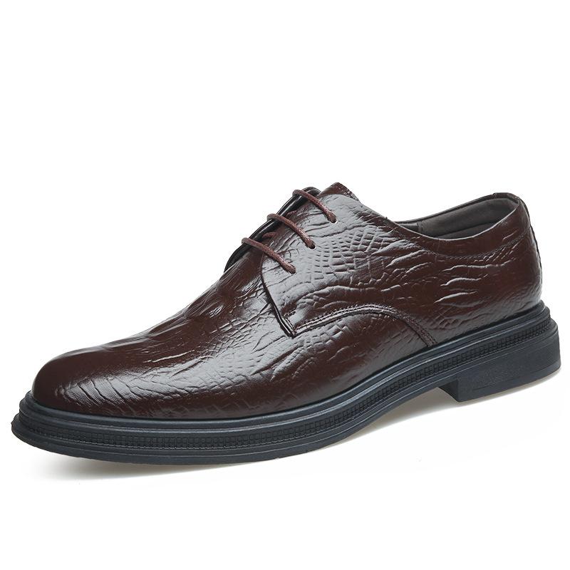 Men's shoes cowhide dress British crocodile pattern men's leather shoes lace-up breathable trend Oxford shoes 2025