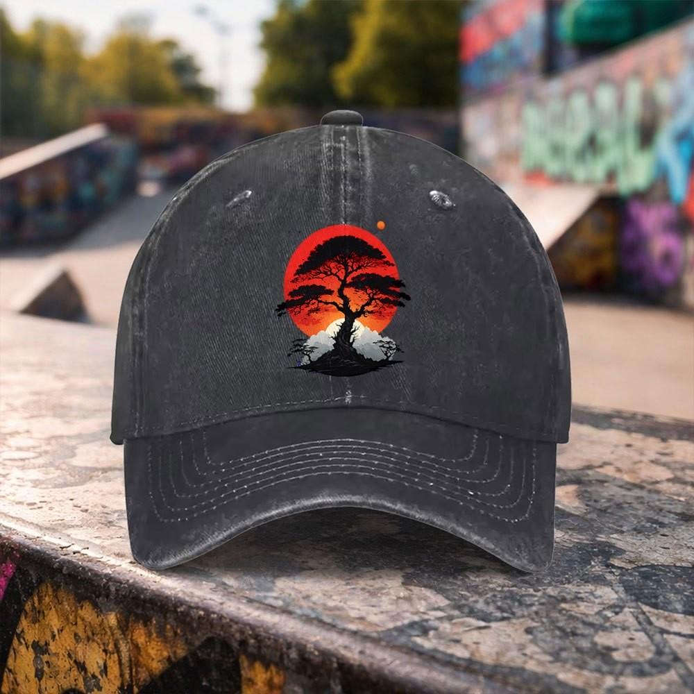 Japanese Red Sun Bonsai Baseball Cap Washed Cotton Graphic Curved Brim Outdoor Accessory