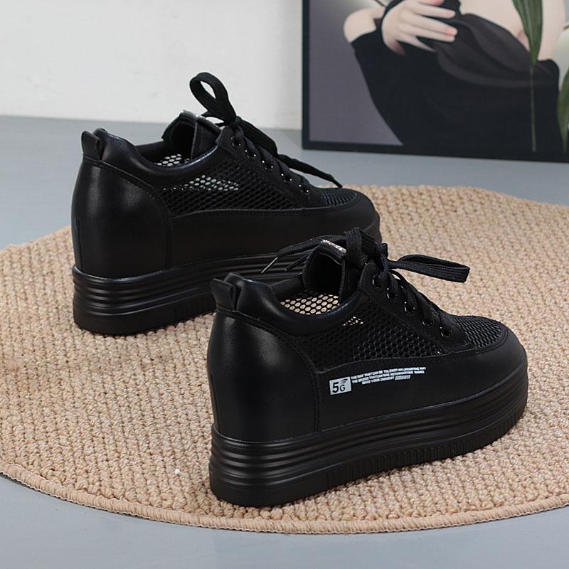 Fashion 7CM Genuine Leather Women Shoes White Skateboard Sneakers Platform Wedge Shoes Air Mesh Hollow Breathable