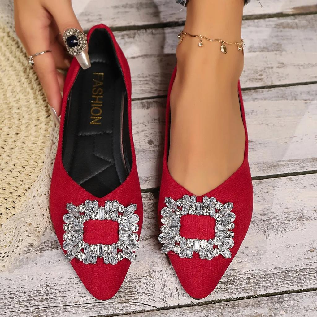 2024 New Spring and Autumn Flat Shoes Women's Shoes Pointed Diamond Metal Square Buckle Single Shoes