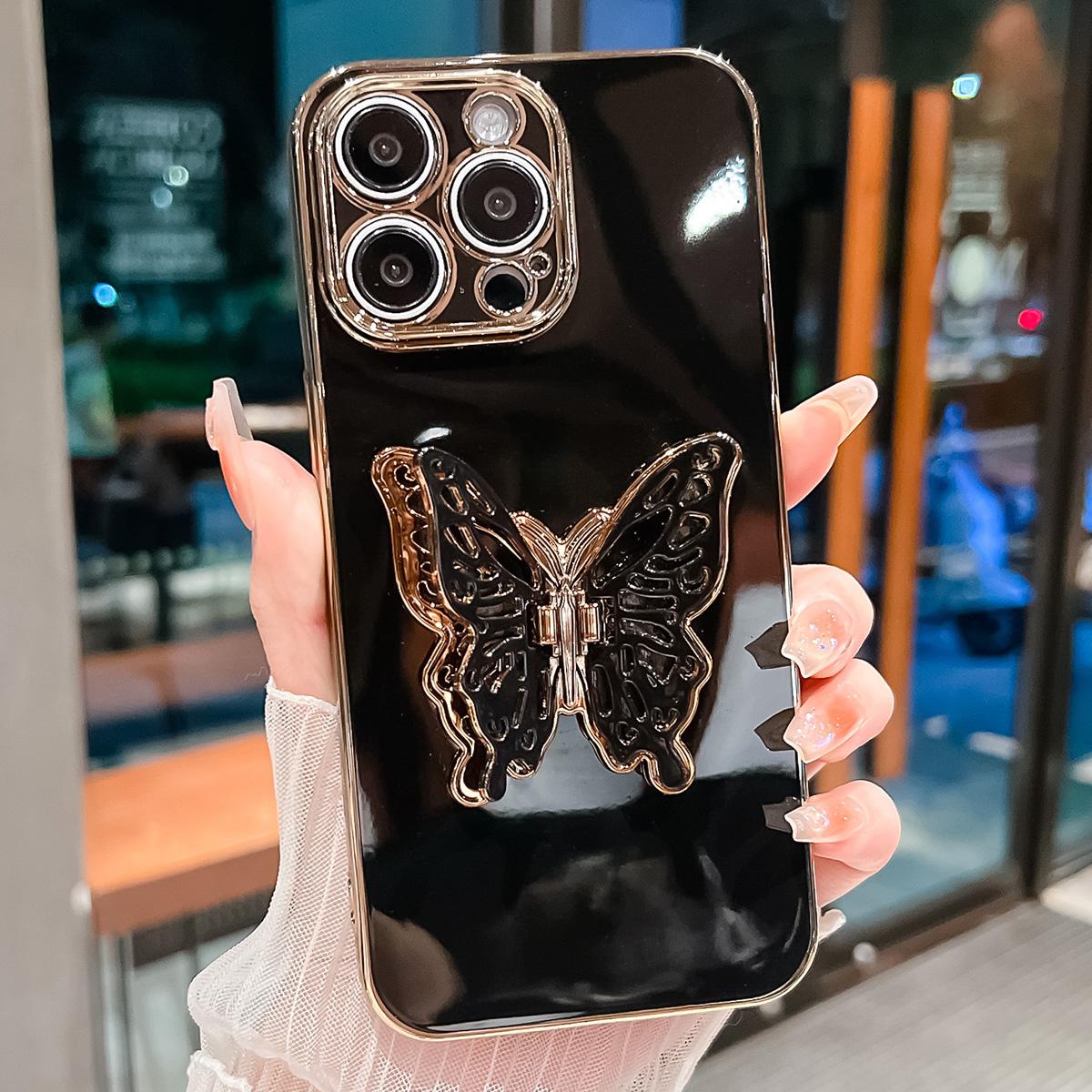 

For iPhone 16 Pro Max Case Butterfly Kickstand TPU Electroplating Phone Cover Black