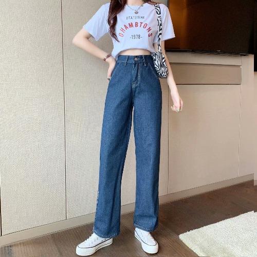 Summer Korean version ins retro high-waisted straight jeans women's small loose and thin wide-leg design trousers