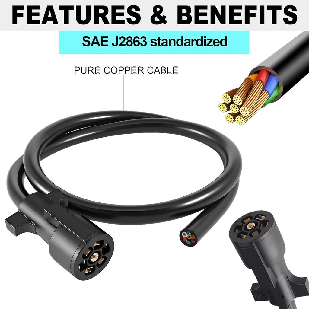 7 Way Trailer Cord,4FT Heavy Duty 7 Way Trailer Plug Inline Cord Wire Harness Cable Double Prongs Connector 7 pin Trailer Wiring Harness 4 Feet for