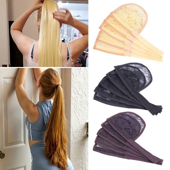 

5Pcs Ponytail Wig Net Adjustable Fastener Tape Strap Women Girls Ponytail Hair Extension Weaving Floral Lace Mesh Band Hair Accessories коричневий