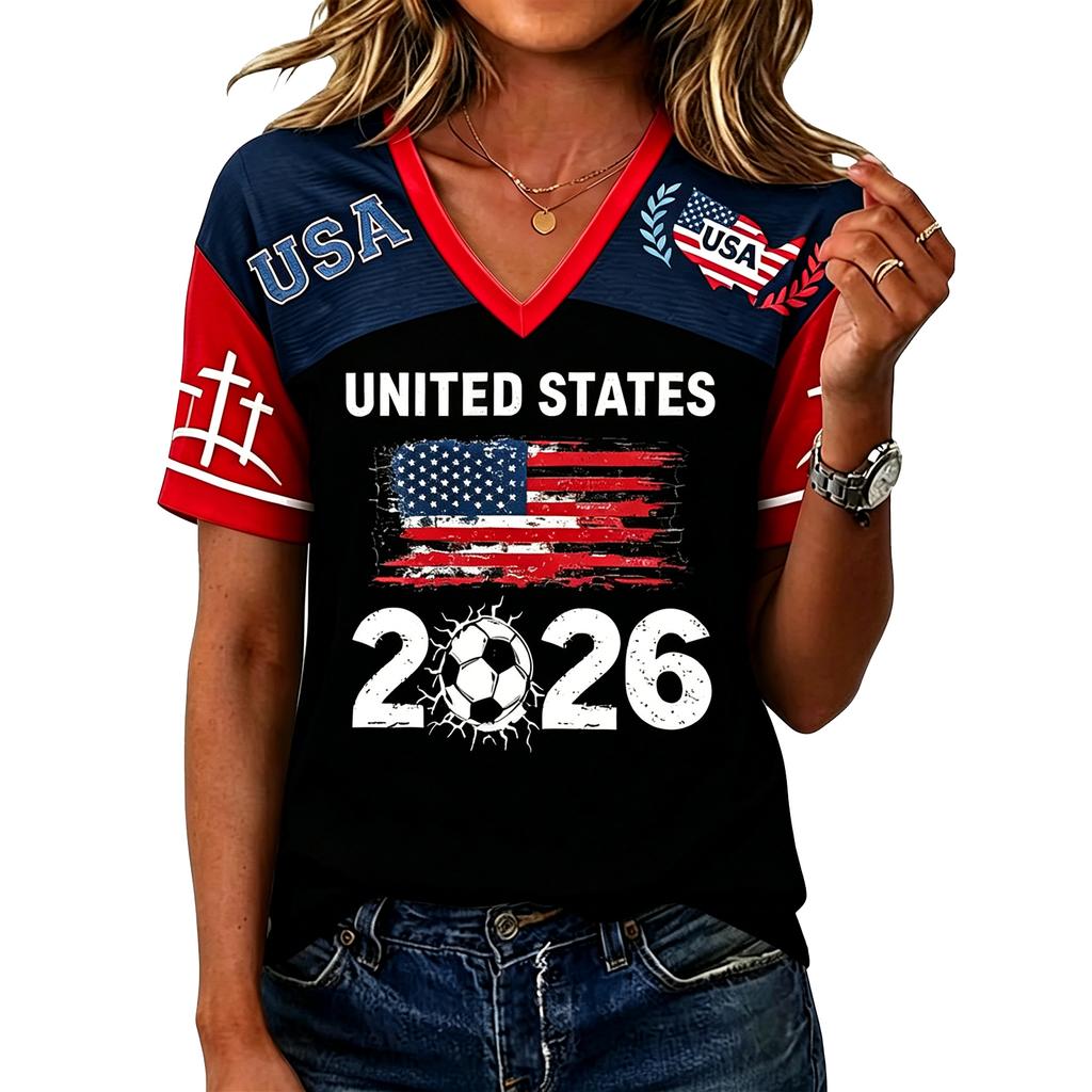 Women’s Casual V Neck Pullover Top with Short Sleeves and States Flag 2026 Soccer Graphic Print for Everyday Wear