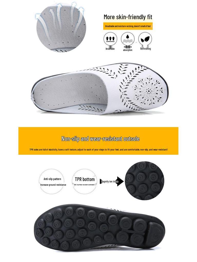 Spring/Summer Women's Genuine Leather Casual Low-Top Flat Slippers, Sizes 35-46, Plus Size Available