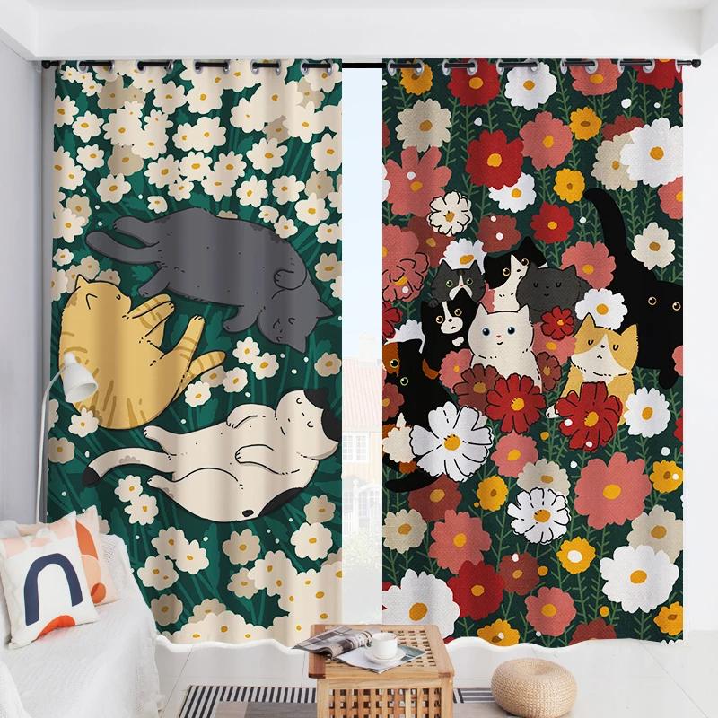 Cute Cat Dog Cartoon High Blackout Curtain Flowers Pattern Bedroom Living Room Bay Window Thick Clackout Drape New Style C