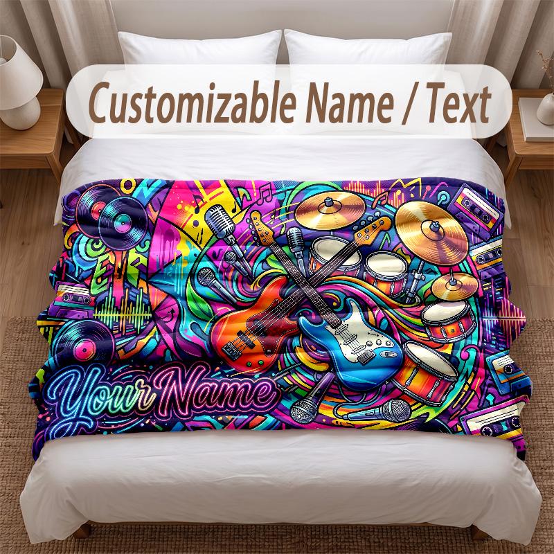 Music General Theme Soft Blanket Personalized Custom Name Text Print Warm Blanket Home Sofa Bedroom Decor