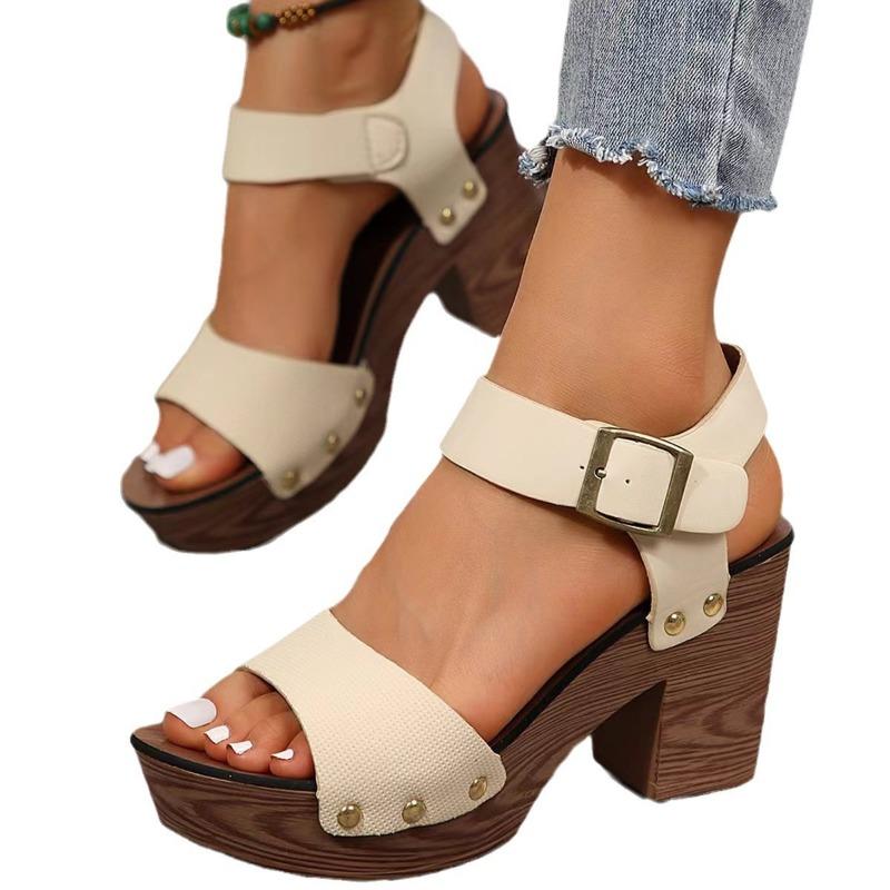 New thick-soled water table thick-heeled high-heeled sandals women's often one-word buckle with rivets fashion women's sandals