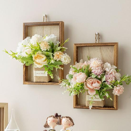 Artificial Hydrangea Wall Hanging Decoration Fake Silk Flower Plants Wooden Fame Decor Home Office Living Room Bedroom Wall Art Ornament