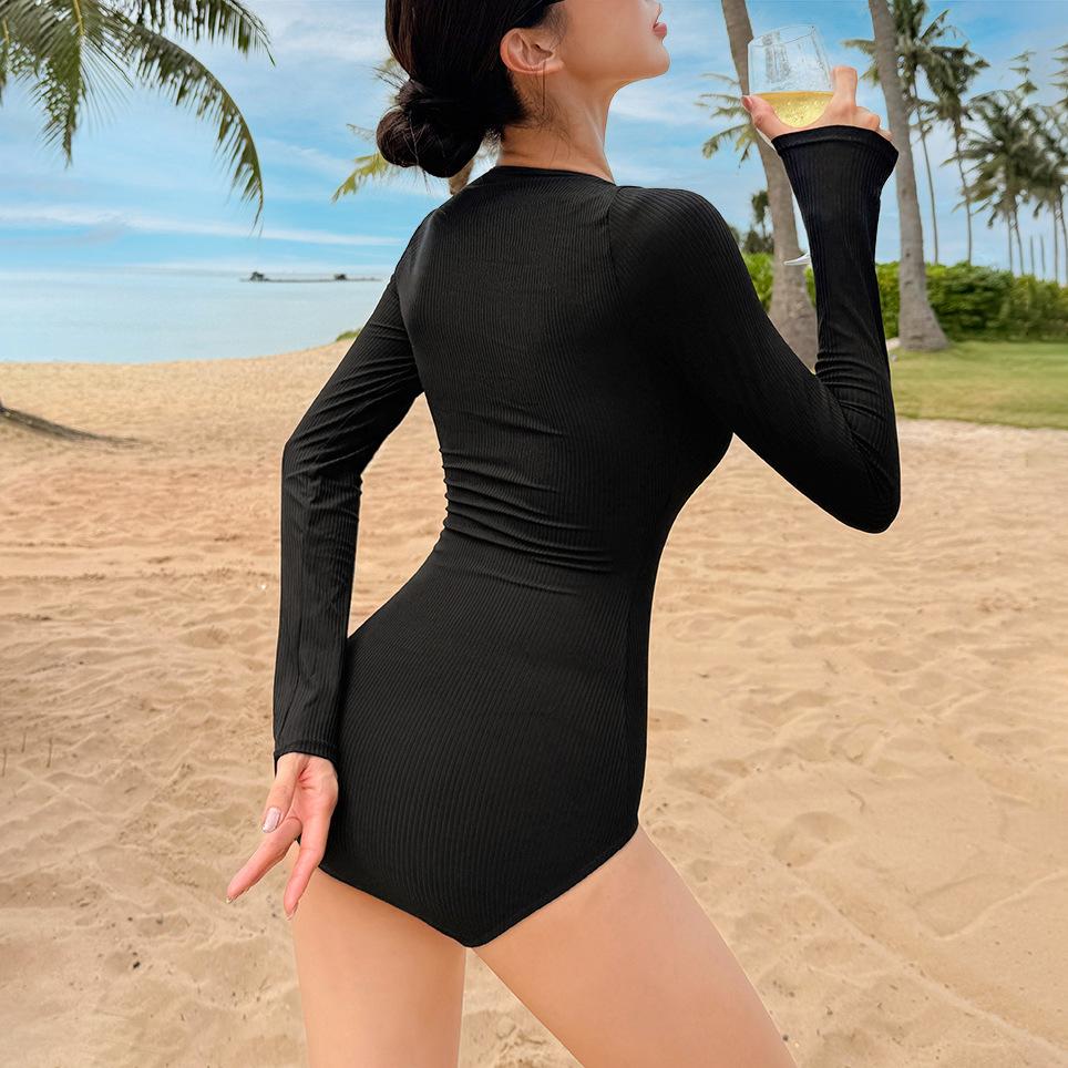 American Retro New Long-sleeved One-piece Swimsuit Spice Girl Slim and Thin Pure Desire Wind Vacation Snorkeling Swimsuit Hot Spring