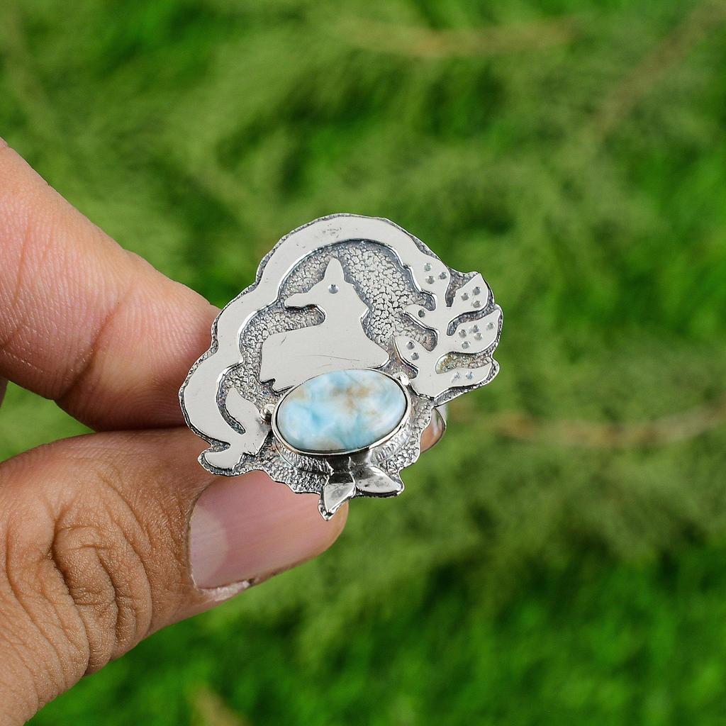 Mothers Day Sale Oval Larimar Stone Sterling Silver Statement Bezel Elegant Ring
