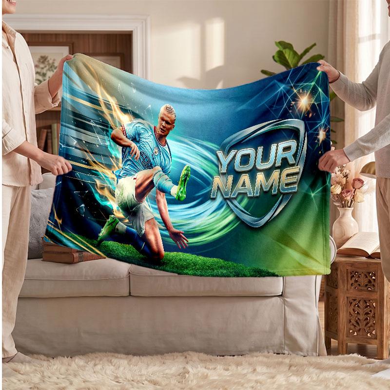 Erling Haaland Personalized Fleece Blanket With Football Logo, Custom Name Text Soft Warm Home Throw Blanket