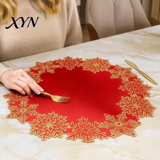 Winter Holiday Party Tableware Christmas Embroidered Placemat, Red And Gold Snowflake Table Decorations for Home Mat, Heat Resistant Polyester