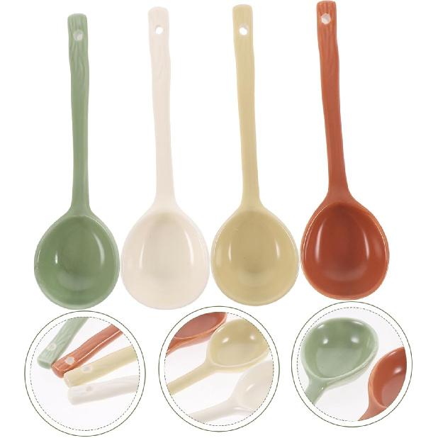 4pcs Ceramic Soup Spoons Japanese Ramen Soup Spoons Ceramic Asian Dinner Spoons Retro Korean Style Tablespoon Rice Noodles Serving Spoon Ladle for