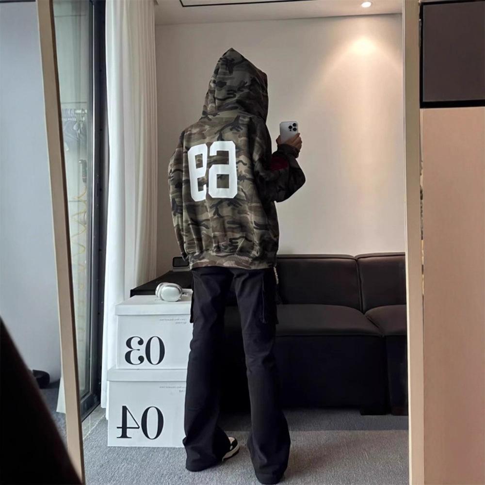 Camouflage Letter Printed Hooded Sweater Men's Autumn Coat Retro Couple Cardigan