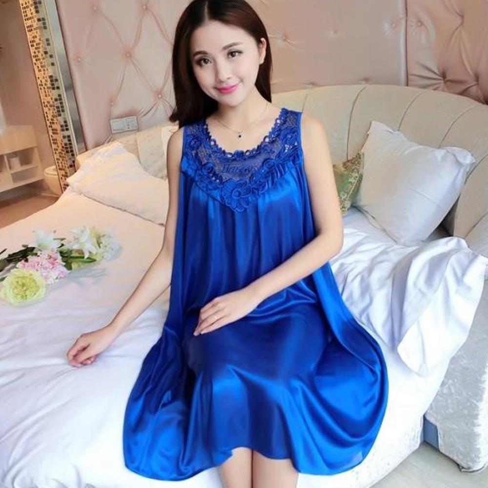 

GMXIA Summer Faux Silk Nightgown, Women s Sexy and Romantic Pajamas, Summer Ice Silk Large-swing Dress, Solid-color Home Wear One Size