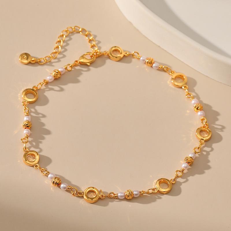 Women Minimalist 18k Gold Plated Brass Pearl Circle Beaded Thin Anklet