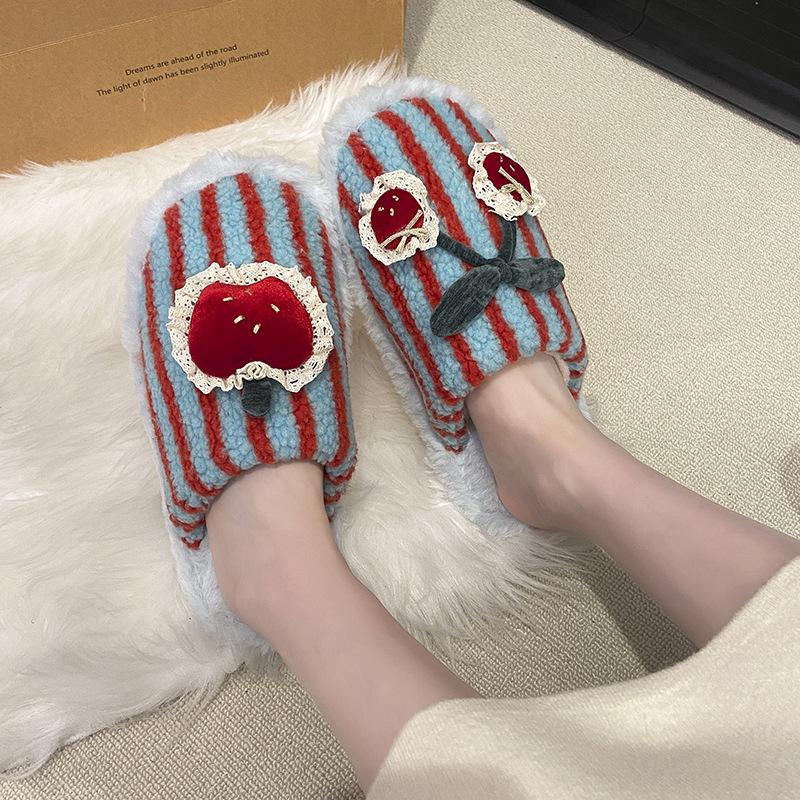 Korean personality cute kitten couple hairy shoes casual winter women's shoes fun home contrasting striped cotton slippers