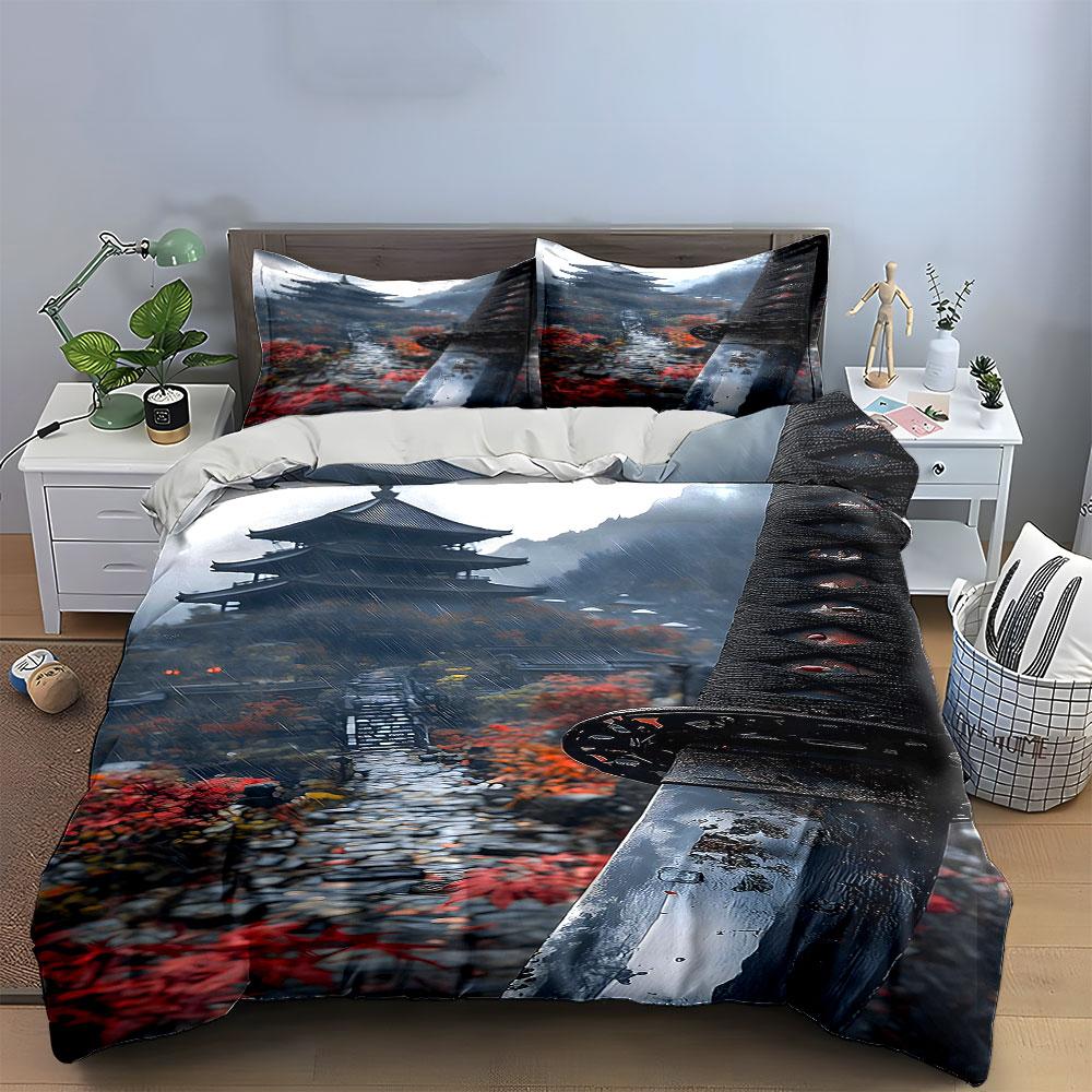 Pagoda, pathway, sword design. Bedding sets Duvet cover sets Duvet covers Pillowcases(1 * Duvet Cover 2 * Pillowcases without duvet insert)